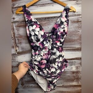 Floral One-Piece Swimsuit - Pink and Black